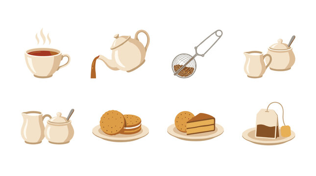 Pixel art icons for tea time, including a steaming cup, teapot pouring, tea strainer, sugar bowl and milk jug, biscuits, cake slice, and tea bag, simple vector elements for beverage and cafe themes