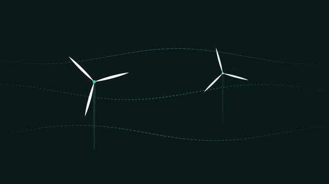 Minimalist illustration of two wind turbines with stylized airflow lines