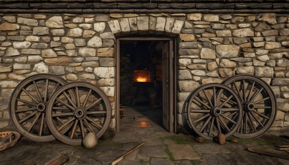 Obraz premium Rustic stone workshop exterior featuring antique wooden wagon wheels leaning against a textured masonry wall with a warm glowing fireplace inside
