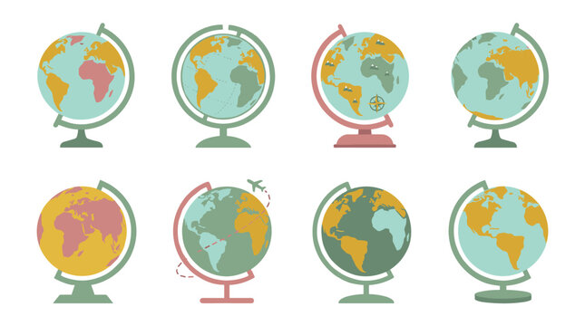 Set of eight pixel art globes with muted green, terracotta, and gold continents on a white background, digital illustration