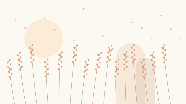 Minimalist illustration of wheat stalks swaying under a soft pale sun