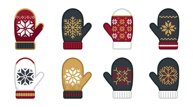 Set of eight pixel art knitted mittens with snowflake patterns and winter motifs, perfect for festive design elements and holiday decoration