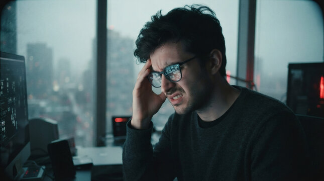 A close-up of a frustrated male designer rubbing his temples in anger. His face is caught in a cross-shadow of a minimalist workstation, with a dense, uniform grid of glowing silver concept abstract 