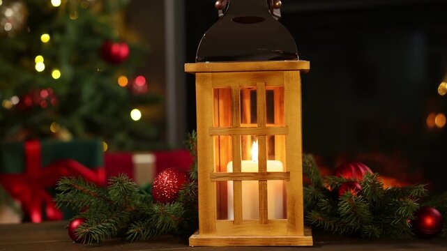 Christmas lantern with burning candle, fir tree branches and baubles on wooden table indoors against blurred lights and fireplace, closeup