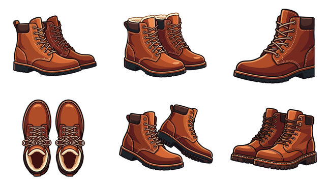 Set of pixel art brown leather winter boots from various angles, isolated on white background, outdoor footwear collection