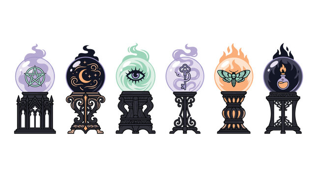 Set of pixel art crystal balls with mystical symbols and elements, magic orbs on stands, fantasy and fortune telling icons