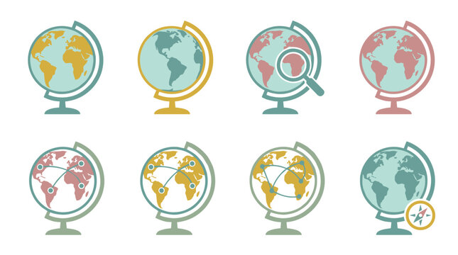 Set of pixel art globes in pastel colors showing different concepts like zoom, connections, and global network, flat design icons