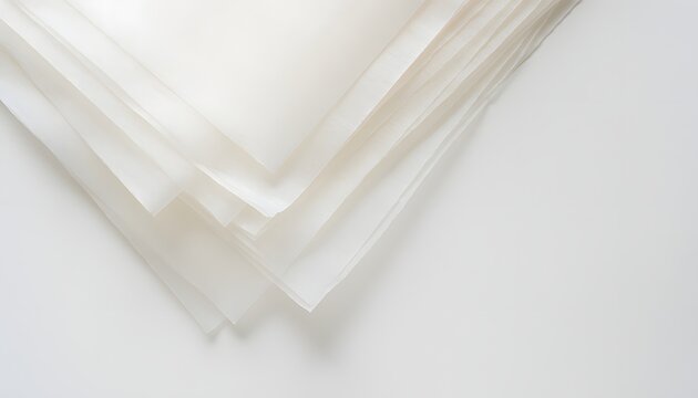 Top down flat lay photograph of stacked translucent tracing paper sheets with soft geometric overlapping shadows and copy space on white background