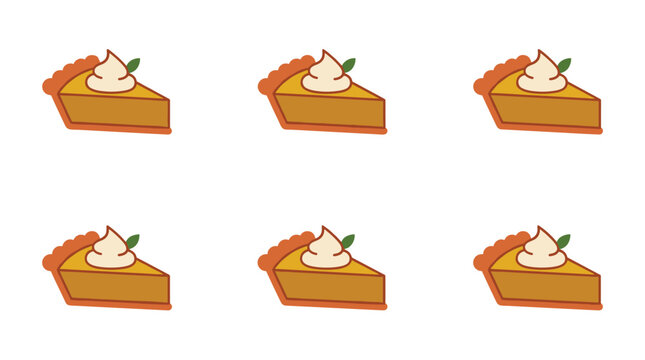 Set of six pumpkin pie slices with whipped cream and mint garnish on a white background, seasonal dessert illustration