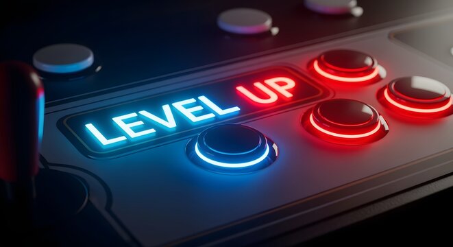Futuristic neon level up illuminated text bar glowing brightly on retro arcade controller panel with vibrant red and blue illuminated action buttons