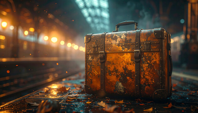 Vintage Suitcase at a Train Station: An old, weathered suitcase sits on a platform at a dimly lit train station, hinting at stories of travel and departure.