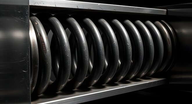 Heavy industrial steel spring tightly coiled and compressed within a durable metal machine frame, showing strong mechanical power and engineering