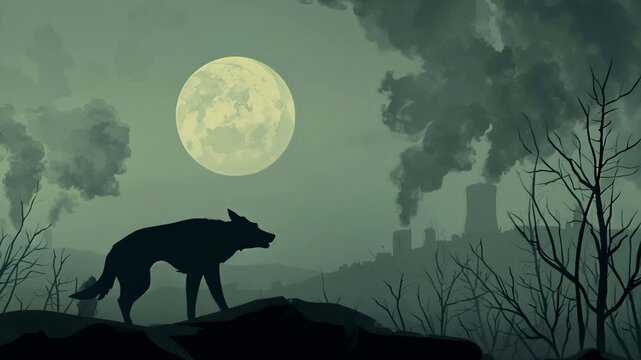 Silhouette of a wolf howling at the full moon in a misty forest.