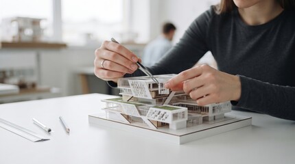 Fototapeta premium Woman architect assembling miniature model of modern building in office. Professional designer using tweezers for precise construction of architectural project scale prototype