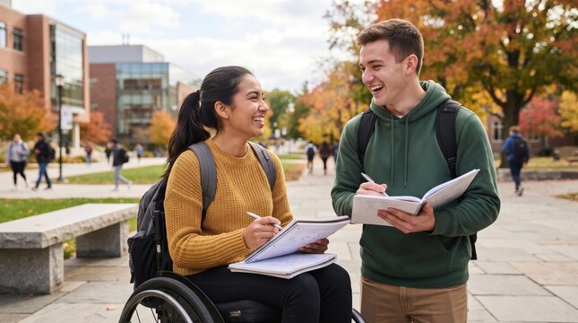 Students studying together on campus. Happy woman in wheelchair and man talking during class break. Education, university lifestyle, inclusion and friendship at college in autumn season