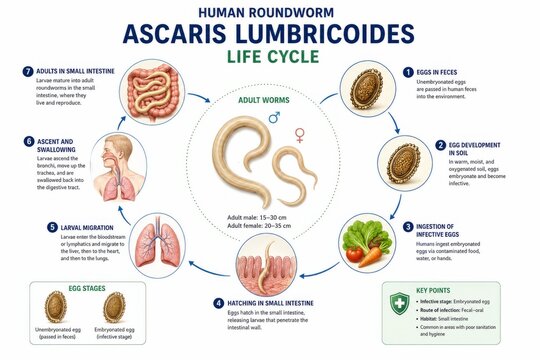 Human roundworm ascaris lumbricoides life cycle diagram including egg stages, larval migration, swallowing, and adult worms with detailed infographic and key points