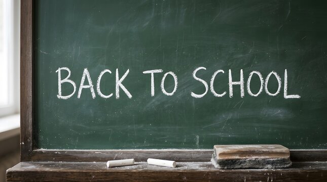 Back to school text written with white chalk on a green chalkboard