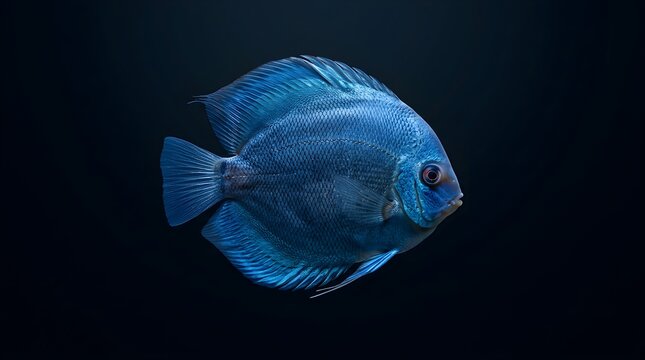 Side profile of a vibrant blue discus fish swimming in dark water