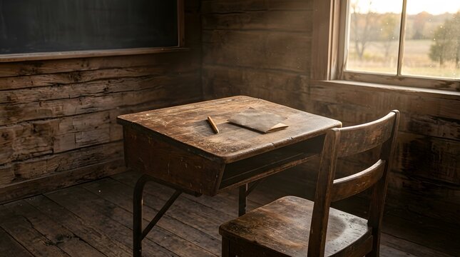 Vintage wooden classroom desk with pencil and paper in a rustic schoolhouse