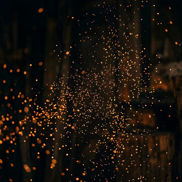 Closeup of a swarm of fireflies in a dark forest.