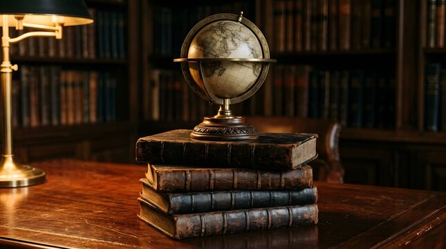 Vintage globe on top of stacked old books in a classic library setting