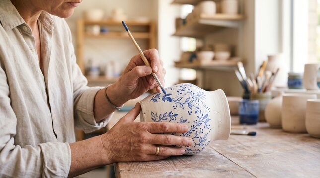 Woman potter painting floral pattern on ceramic vase with brush. Artisan working in craft studio making handmade pottery. Creative hobby, small business and artistic ceramic design process concept
