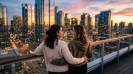 Fototapeta premium Two women standing on rooftop balcony overlooking city skyline at sunset. Friends enjoying evening drink together with urban skyscraper