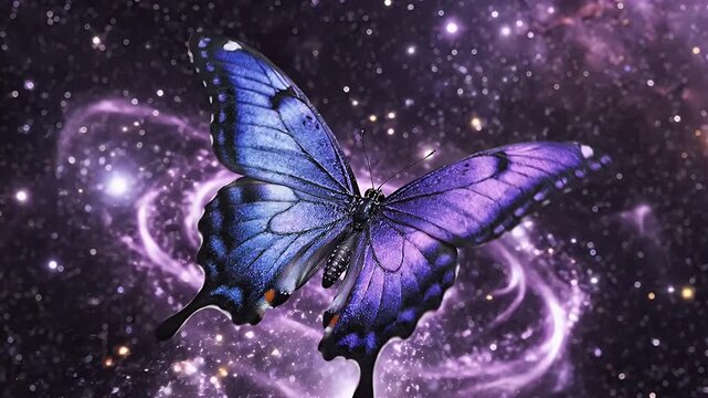 A Cosmic Blue Butterfly Surrounded by Glowing Nebula Rings in Space Fantasy Scene