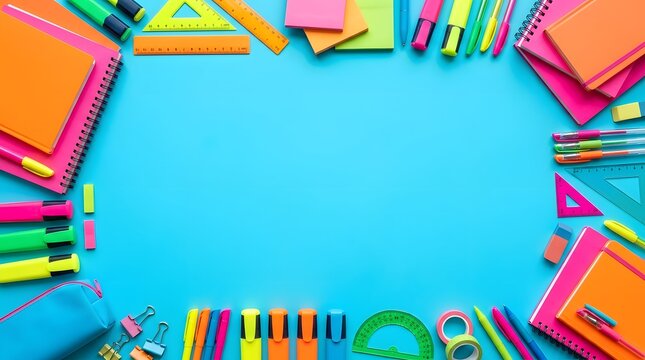 Colorful school supplies and stationery frame on blue background