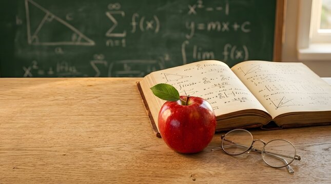 Red apple with open math textbook and glasses on wooden desk
