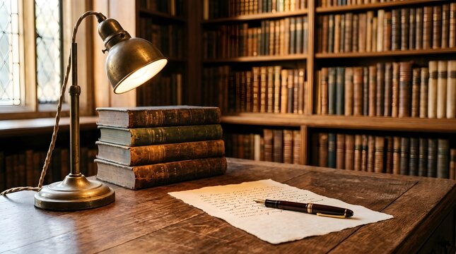 Antique wooden desk with vintage lamp and books in a classic library