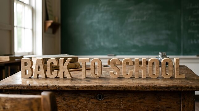 Wooden back to school letters on an old vintage classroom desk with chalkboard background
