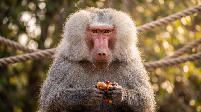 A close up portrait of a hamadryas baboon holding and eating fresh fruit.