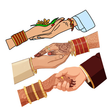 Indian Wedding Hands Set Vector Illustration - Traditional Hindu Marriage Rituals, Bride and Groom Holding Hands with Mehndi and Bangles