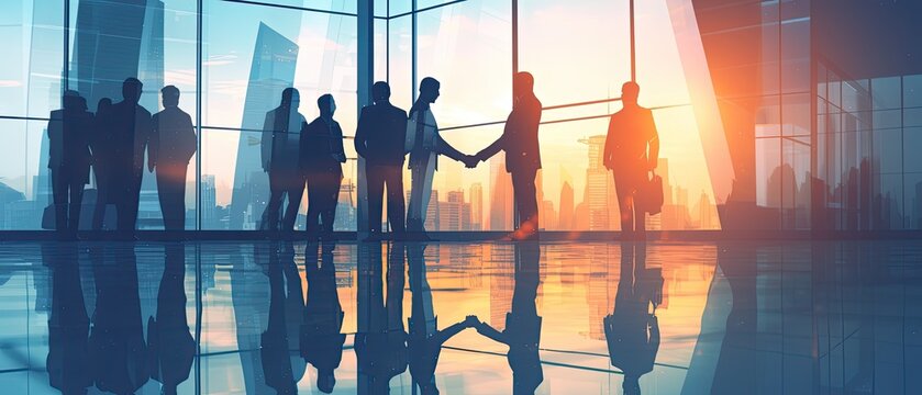 Businessmen handshake double exposure with city skyscrapers, blue tone corporate cooperation backdrop