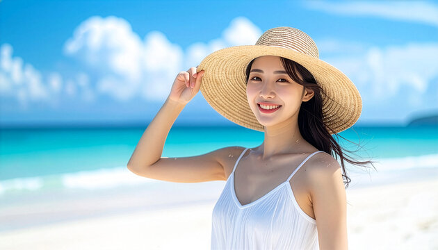 青い海と白い砂浜をバックに、つば広の麦わら帽子を被って微笑む白いワンピースの女性