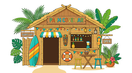 Tropical Beach Bar Hut with Surfboard, Drinks, and Aloha Vibe © jambu