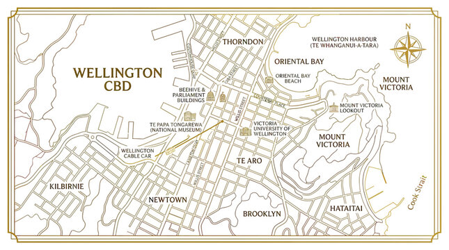 Wellington CBD Map: Central Business District, New Zealand - Elegant Outline