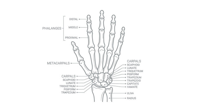 Anatomical Illustration of Human Hand Skeleton with Labels