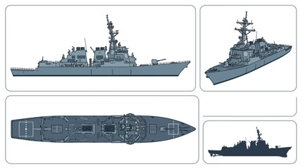 Guided Missile Destroyer Technical Vector Set © Dhiyak Boneto