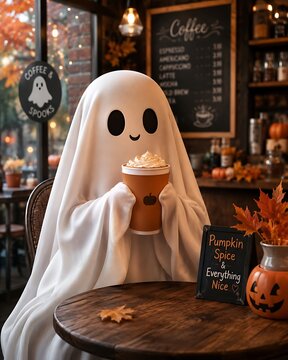 Cute ghost halloween character drinking pumpkin spice latte in a cozy coffee shop background