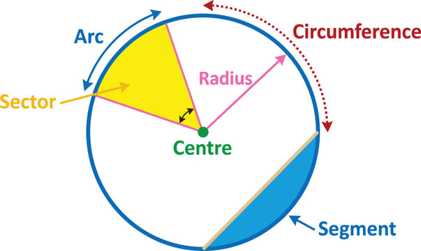 Circle Parts Educational Geometry Diagram Illustration, Radius Arc Sector Segment Circumference Labels, Mathematics Learning Vector Graphic For Students