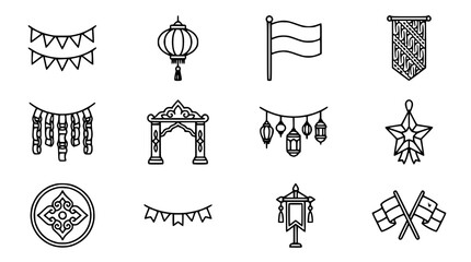 Set of Indonesian Cultural Icons: Flags, Lanterns, Garlands, Arch, Batik - Vector Line Art © Ceblok