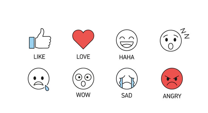 A collection of various social media reaction icons and emojis representing different human emotions and responses.