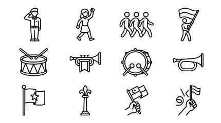 Parade Icons Set: Marching People, Flags, Drums, Trumpets, Soldier, Fleur-de-lis © Ceblok