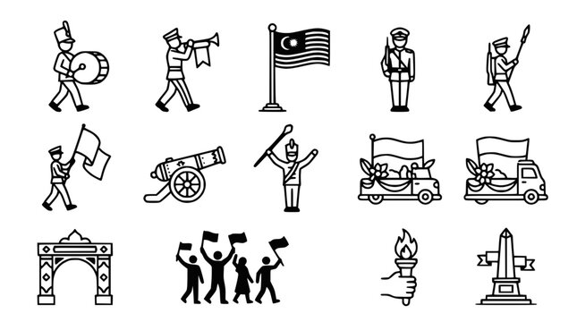 Malaysian Parade Icons: Marching Band, Flag, Cannon, Torch, Float, Arch