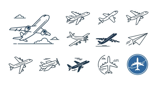 A collection of minimalist line art icons and illustrations depicting various airplanes, aircraft, and a paper plane in different flight stages.