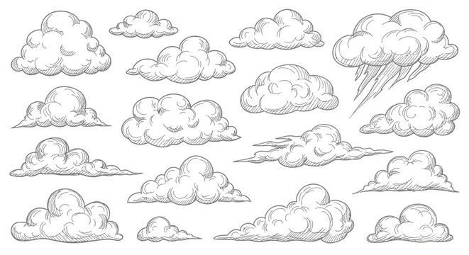 Hand-drawn sketch collection of various cloud formations and weather elements.