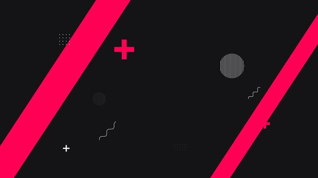 Abstract memphis style motion background with pink diagonal stripes and geometric shapes on black canvas.