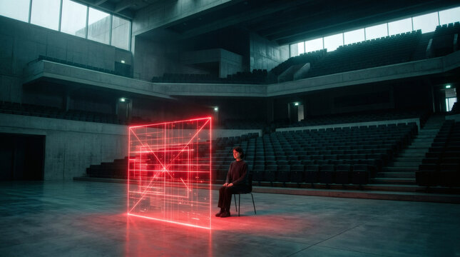A spacious wide shot of an empty concrete corporate auditorium where a single candidate sits on a minimalist chair. A stark, cold neon-red vector scanning plane rises from the floor in front of them